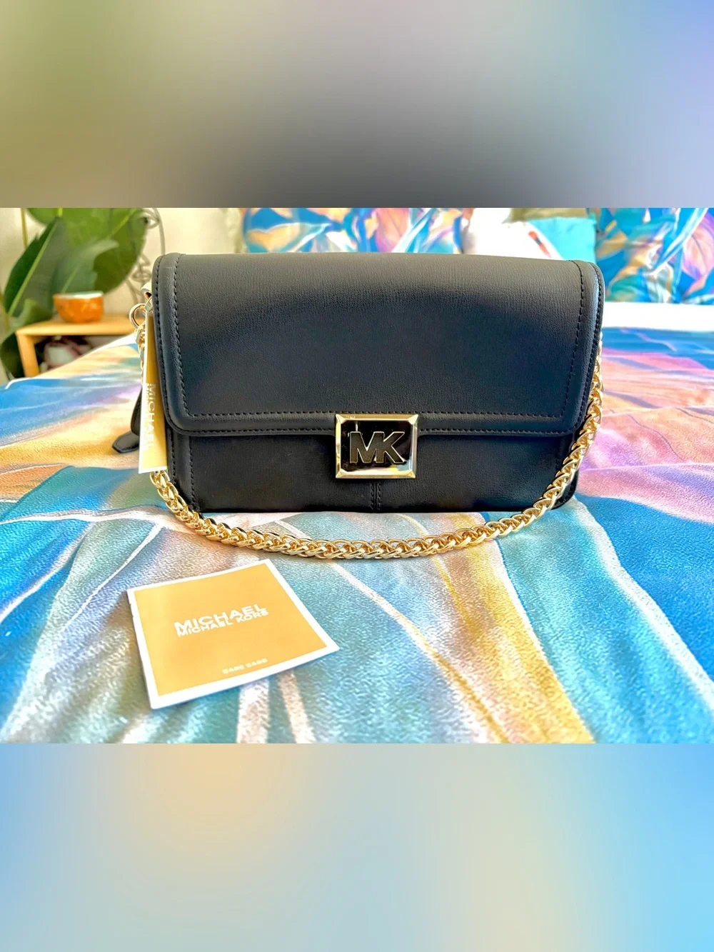 NWT Michael Kors “Sonia” Black Leather Crossbody with Gold Chain